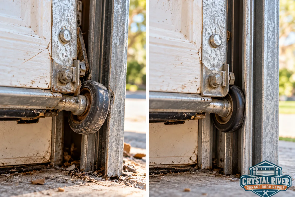 Garage door track before correction with a displaced roller and after proper alignment