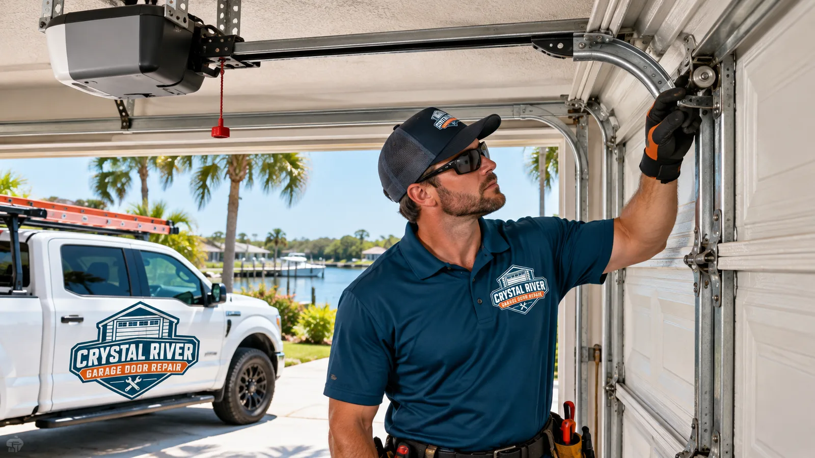 Technician inspecting the rollers, tracks, cables, and opener on a residential garage door in coastal Florida