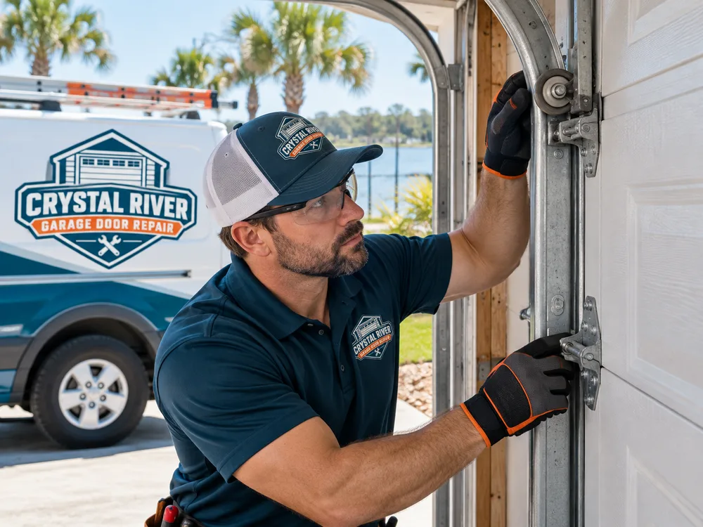 Technician checking a garage door cable, roller, track, and hinge for corrosion and wear