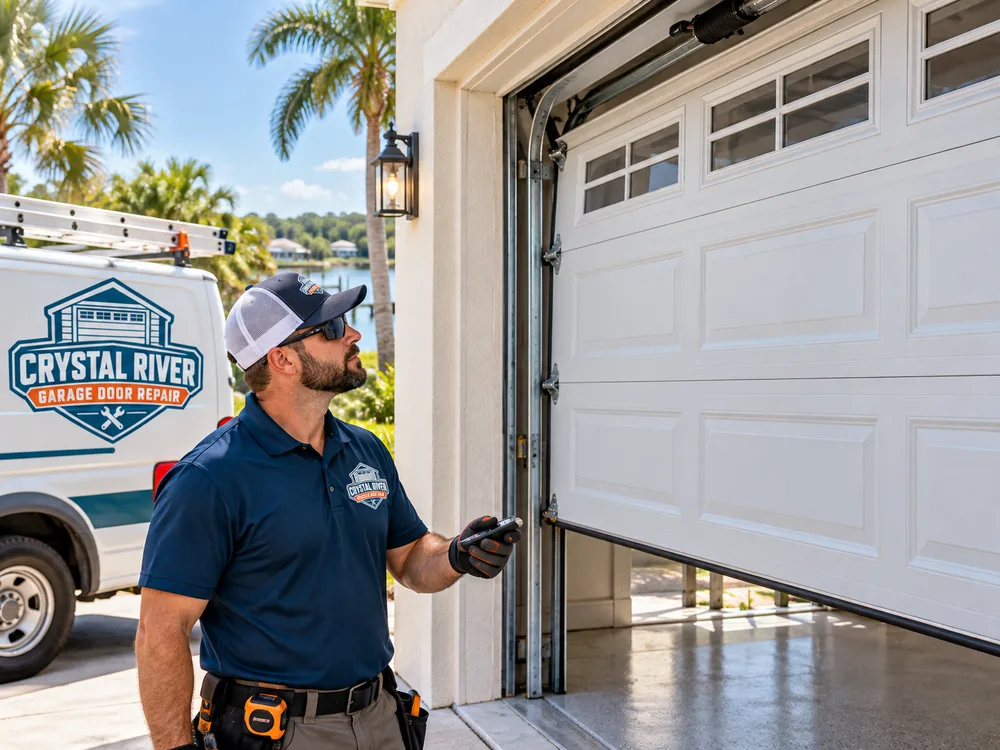 Repaired residential garage door sitting level with straight tracks and correctly positioned safety sensors