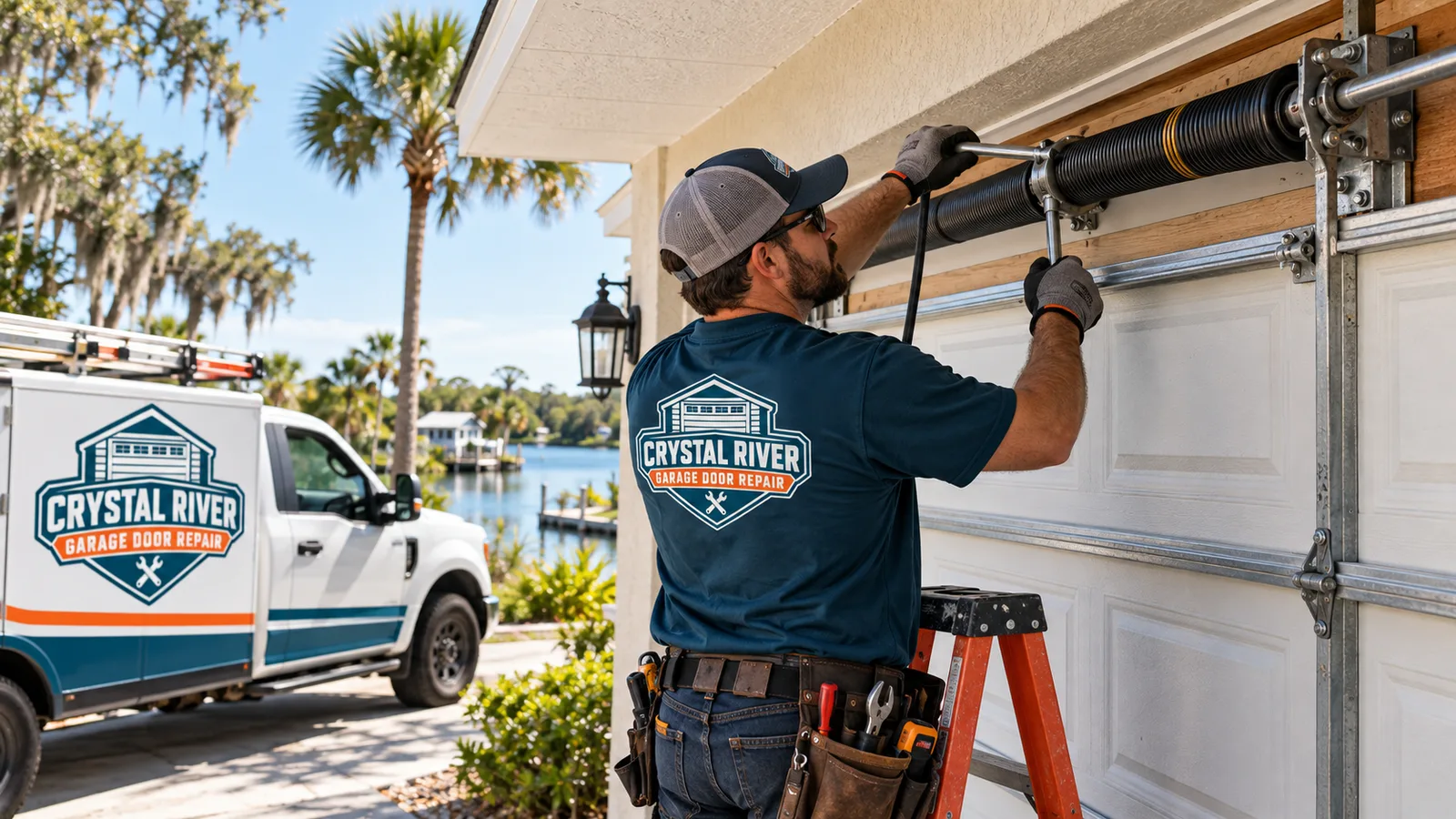Residential garage door technician replacing a torsion spring with winding bars and locking pliers positioned for controlled work