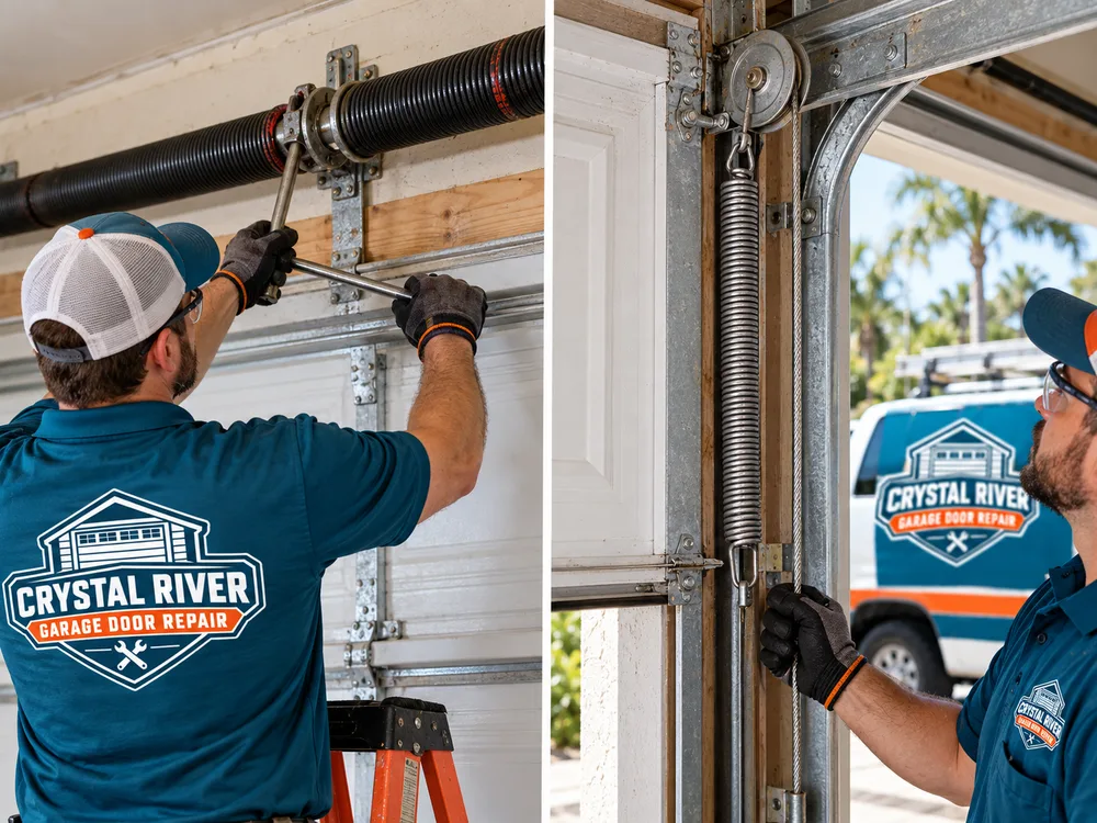Technician weighing a disconnected residential garage door before selecting replacement torsion springs