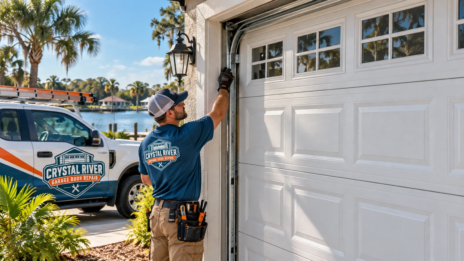 Newly installed steel sectional garage door on a Florida home with aligned panels and a visible floor seal