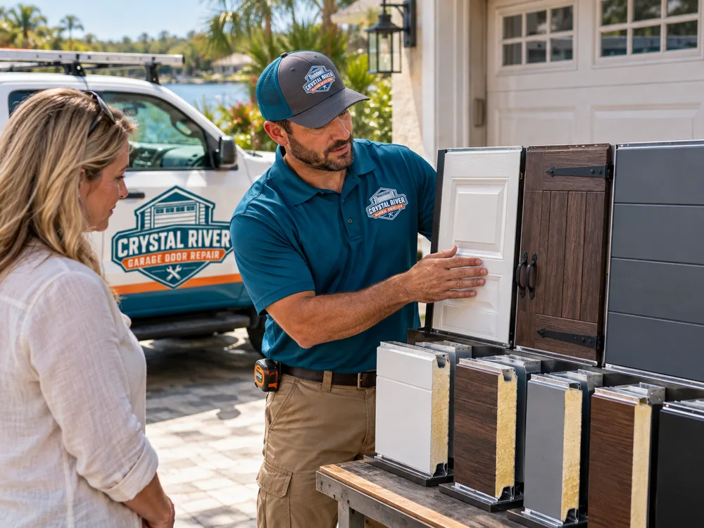 Aligned garage door tracks, nylon rollers, hinges, lift cable, and torsion hardware during installation