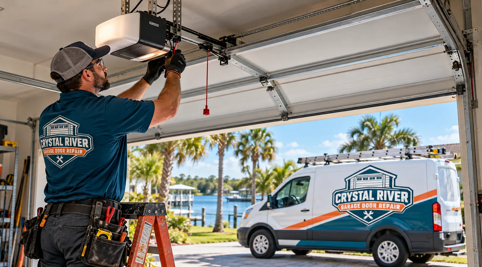 Residential garage door opener mounted on the ceiling with its rail, trolley, safety sensor, and wall control visible