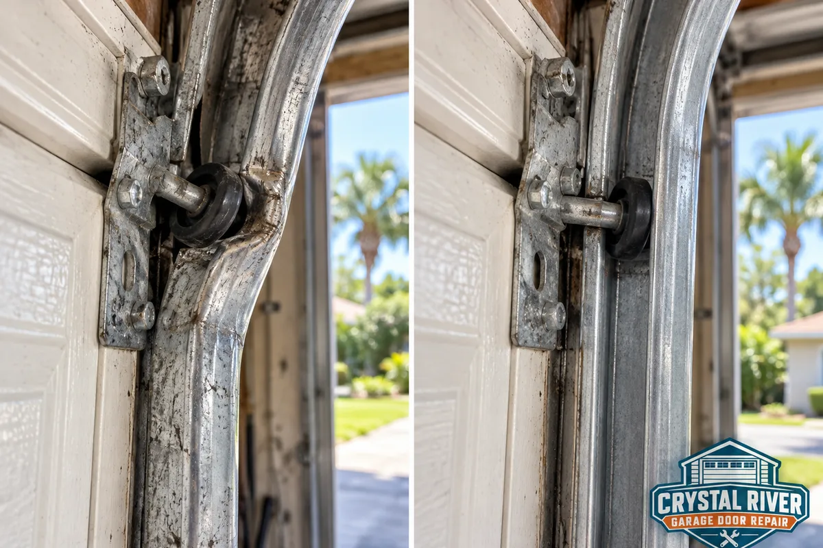 Before-and-after view of a garage door roller displaced from a bent track and the repaired aligned track and roller