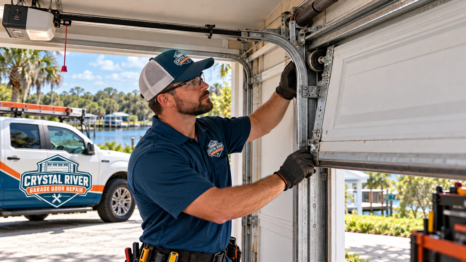 Garage door technician diagnosing a residential door stuck partway open with the tracks, rollers, cables, and opener rail visible
