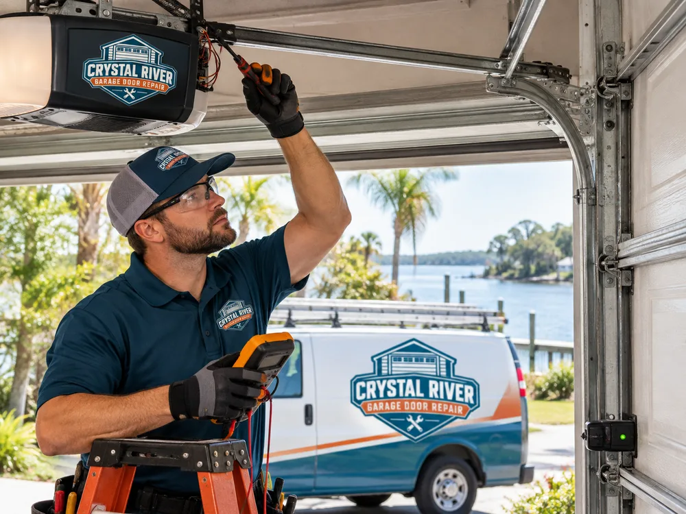Technician using hand tools and diagnostic equipment to inspect a garage door opener, door balance, tracks, and safety sensors