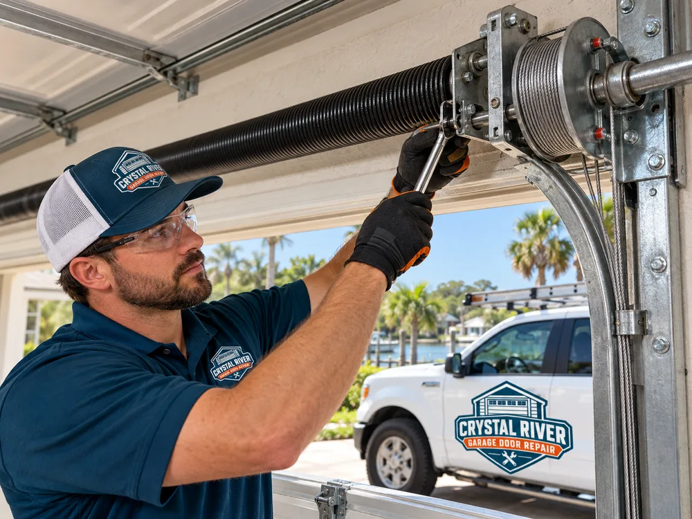 Completed residential garage door spring and cable repair with tidy cable routing, aligned drums, and intact mounting hardware