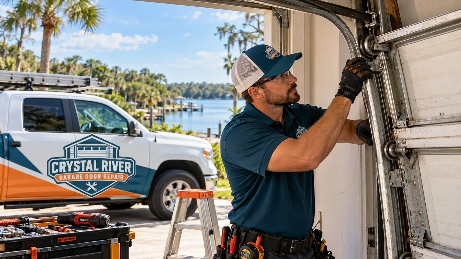 Residential garage door technician inspecting rollers and vertical tracks on a secured off-track garage door